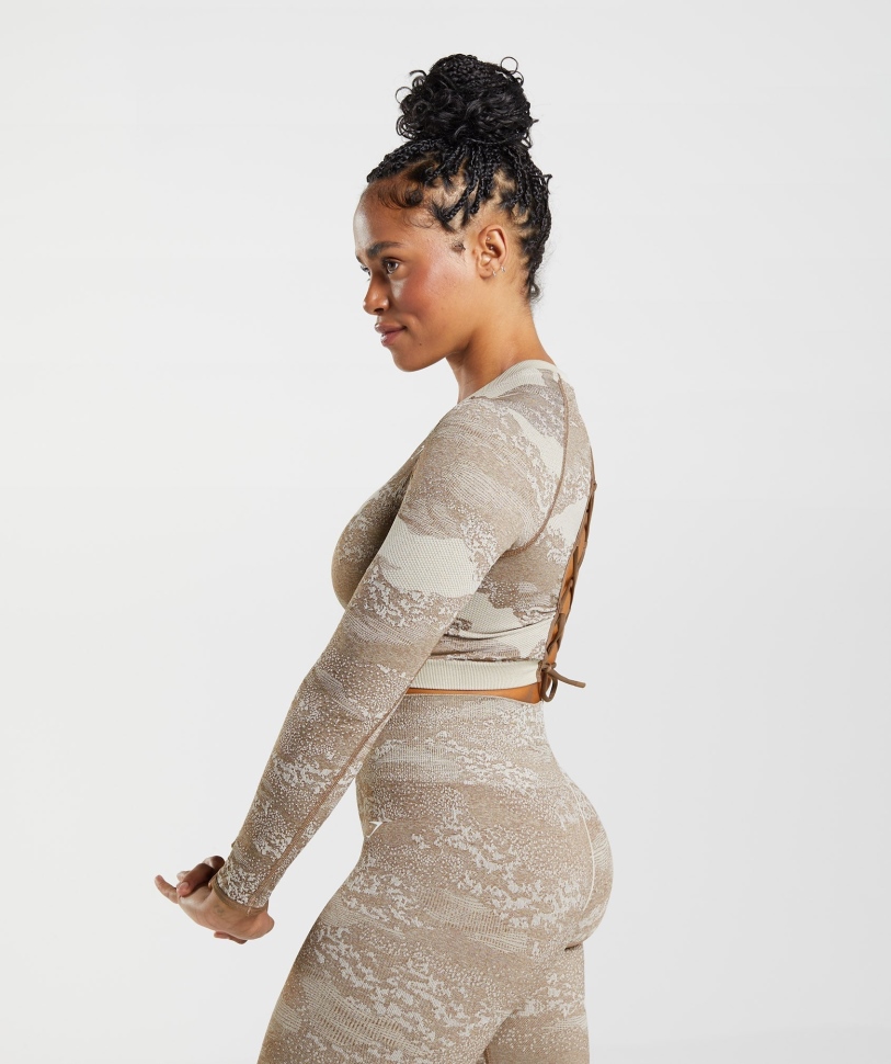 Gymshark Adapt Camo χωρίς ραφή δαντέλα επάνω στην πλάτη κορυφή λάβα-βότσαλο γκρι-ψυχή καφέ