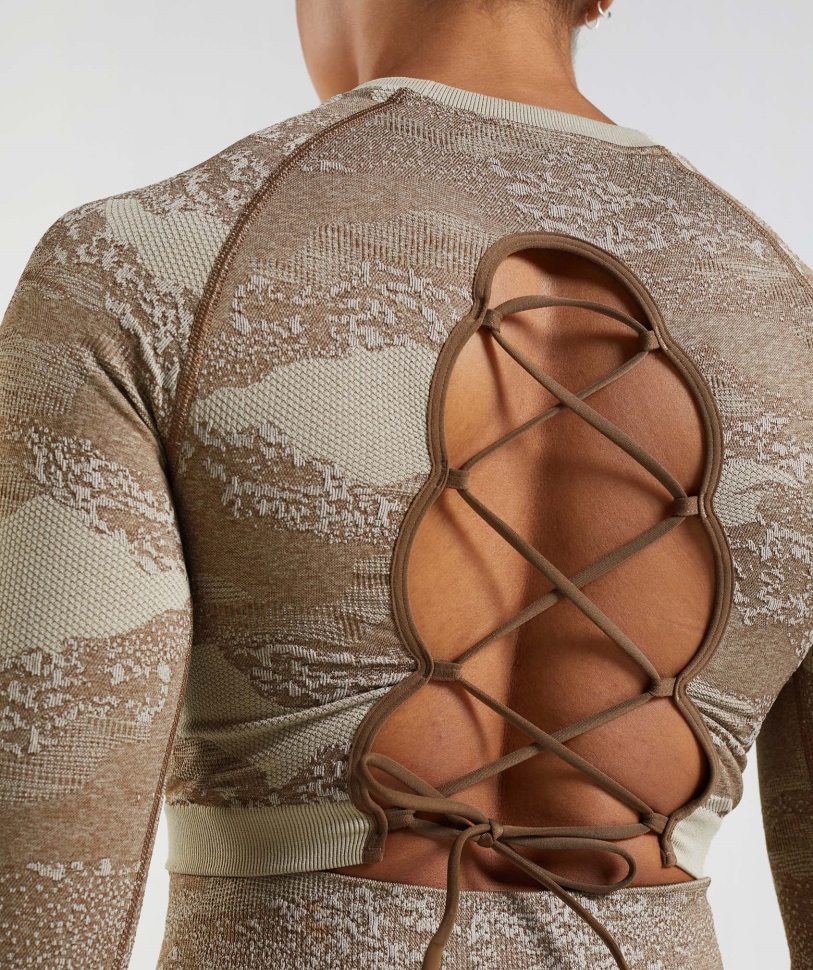 Gymshark Adapt Camo χωρίς ραφή δαντέλα επάνω στην πλάτη κορυφή λάβα-βότσαλο γκρι-ψυχή καφέ