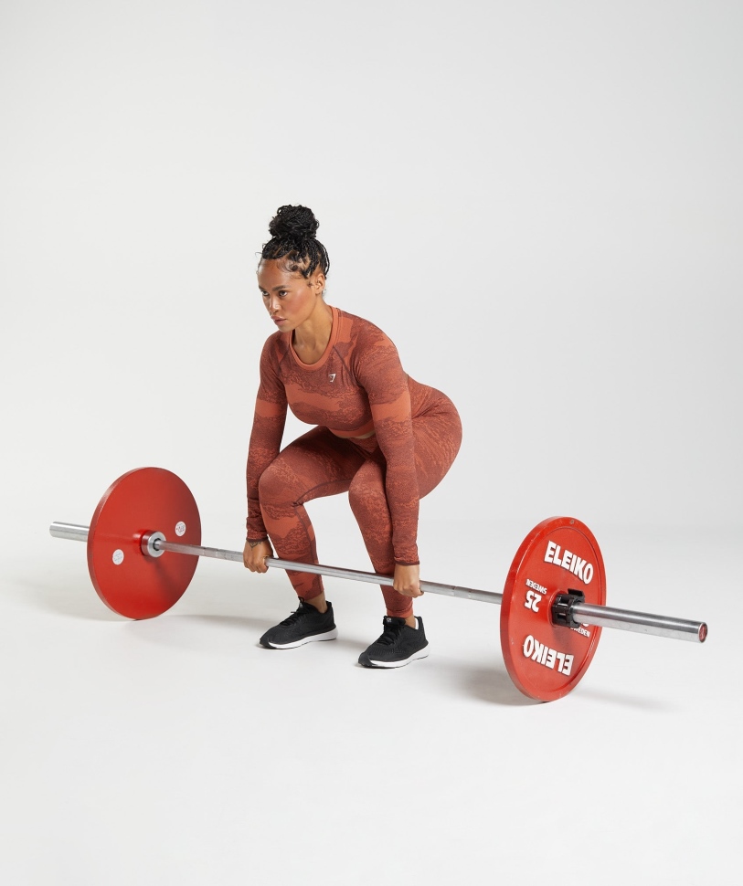 Gymshark προσαρμογή Camo χωρίς ραφή δαντέλα επάνω στην πλάτη κορυφή λάβα-καταιγίδα κόκκινο-κεράσι καφέ