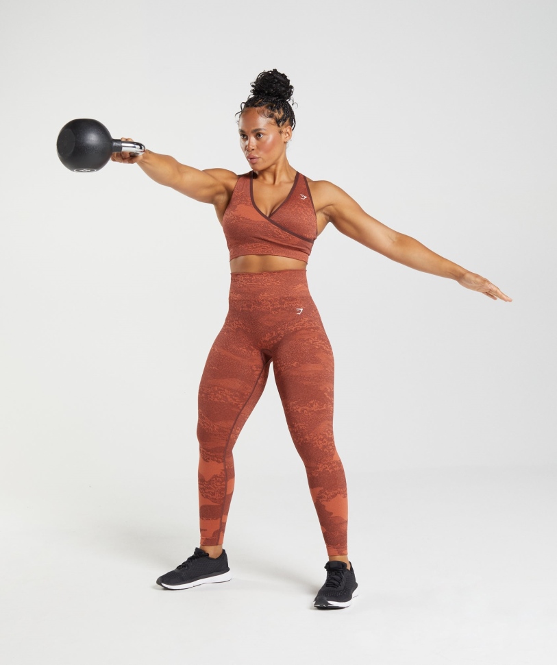 Gymshark προσαρμογή Camo απρόσκοπτη κολάν λάβα-καταιγίδα κόκκινο-κεράσι καφέ