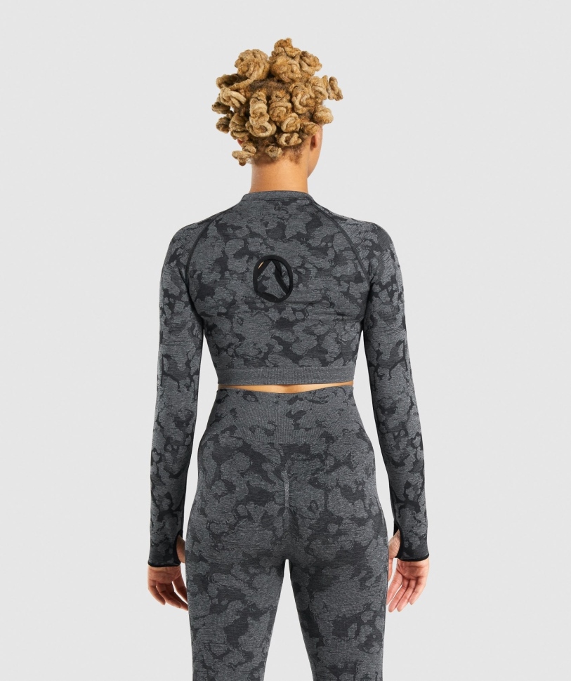 Gymshark Adapt Camo απρόσκοπτη μακρύ μανίκι Crop Top μαύρο