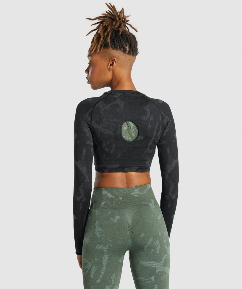 Gymshark προσαρμογή Camo απρόσκοπτη μακριά μανίκια Crop Top Savanna-μαύρο