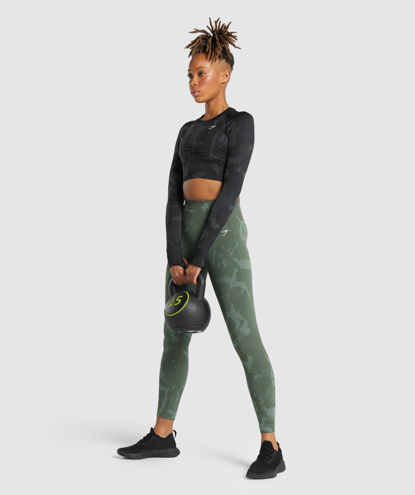 Gymshark προσαρμογή Camo απρόσκοπτη μακριά μανίκια Crop Top Savanna-μαύρο