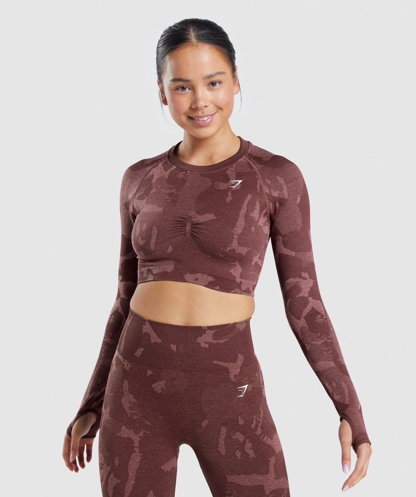Gymshark Adapt Camo απρόσκοπτη μακριά μανίκια Crop Top Savanna-cherry Brown