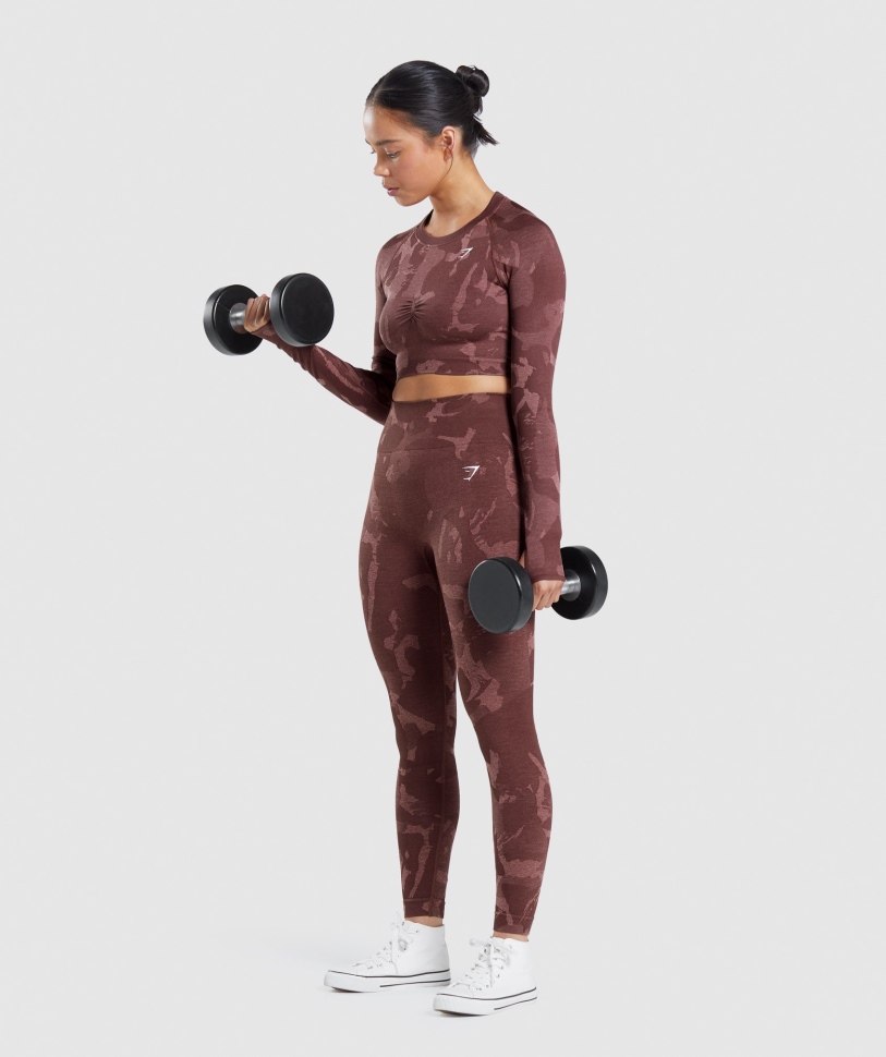 Gymshark Adapt Camo απρόσκοπτη μακριά μανίκια Crop Top Savanna-cherry Brown