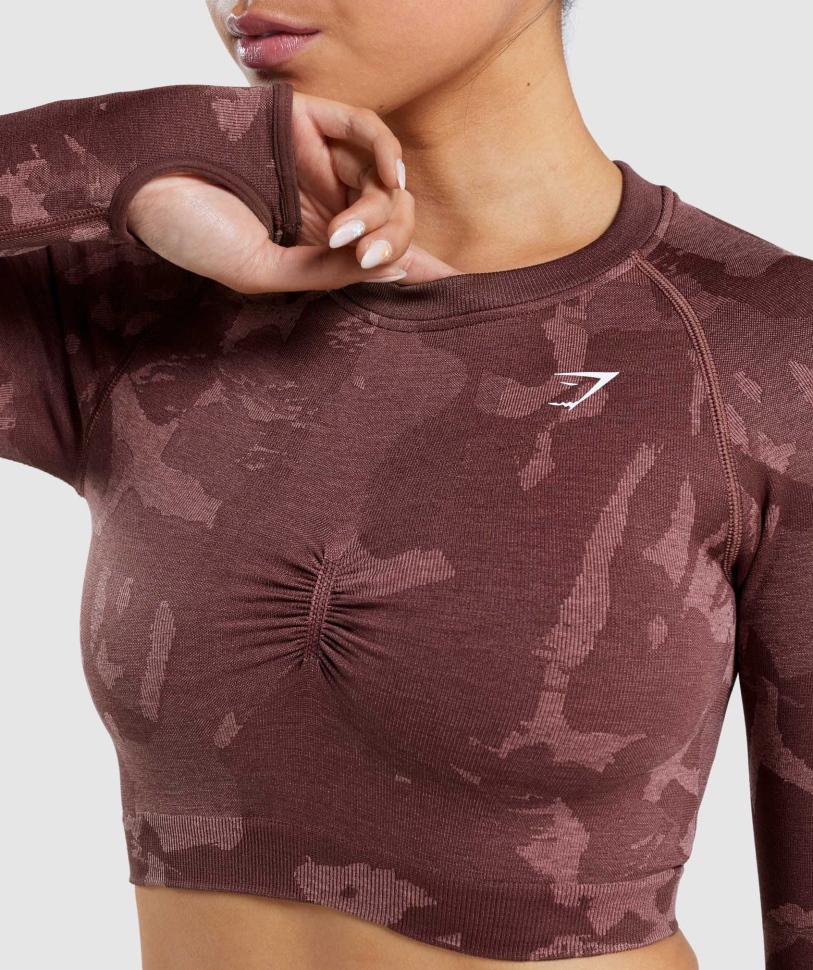 Gymshark Adapt Camo απρόσκοπτη μακριά μανίκια Crop Top Savanna-cherry Brown