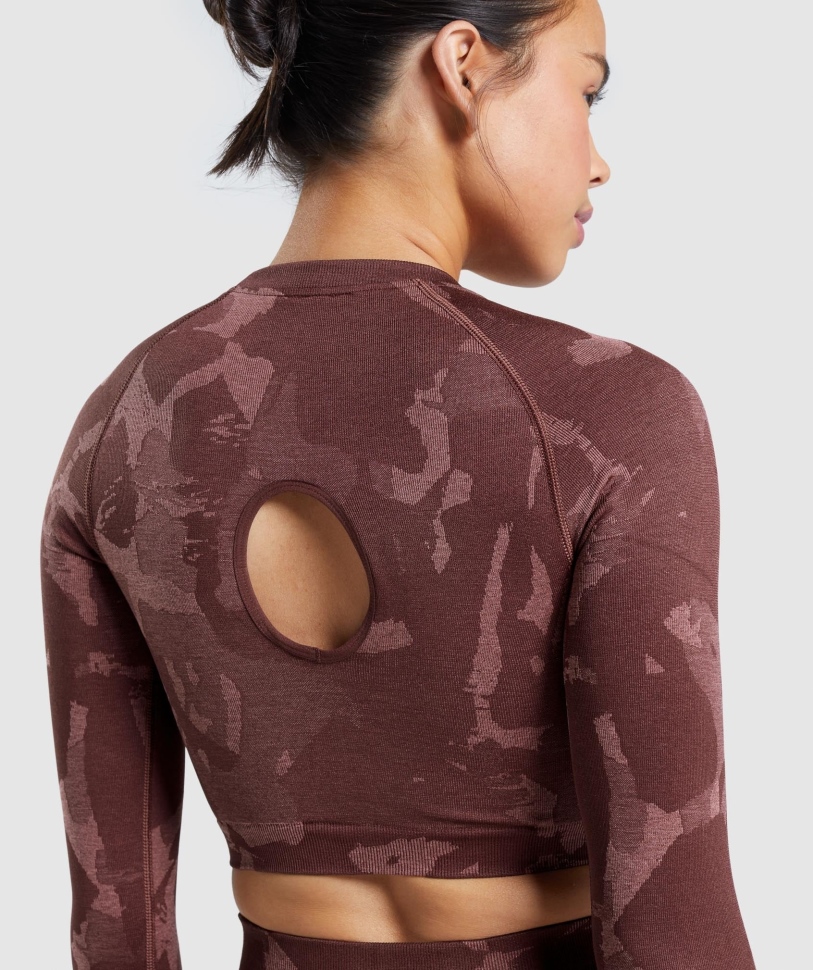 Gymshark Adapt Camo απρόσκοπτη μακριά μανίκια Crop Top Savanna-cherry Brown