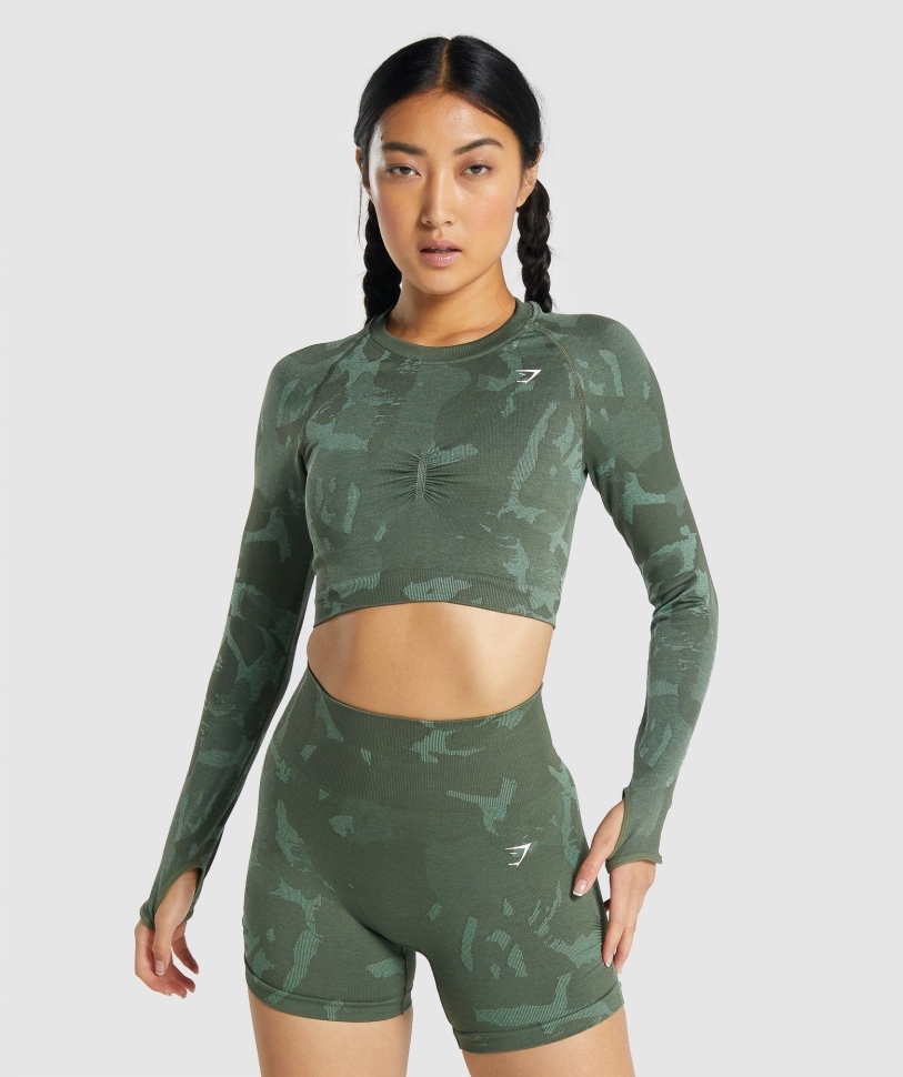 Gymshark προσαρμογή Camo απρόσκοπτη μακριά μανίκια Crop Top Savanna-green
