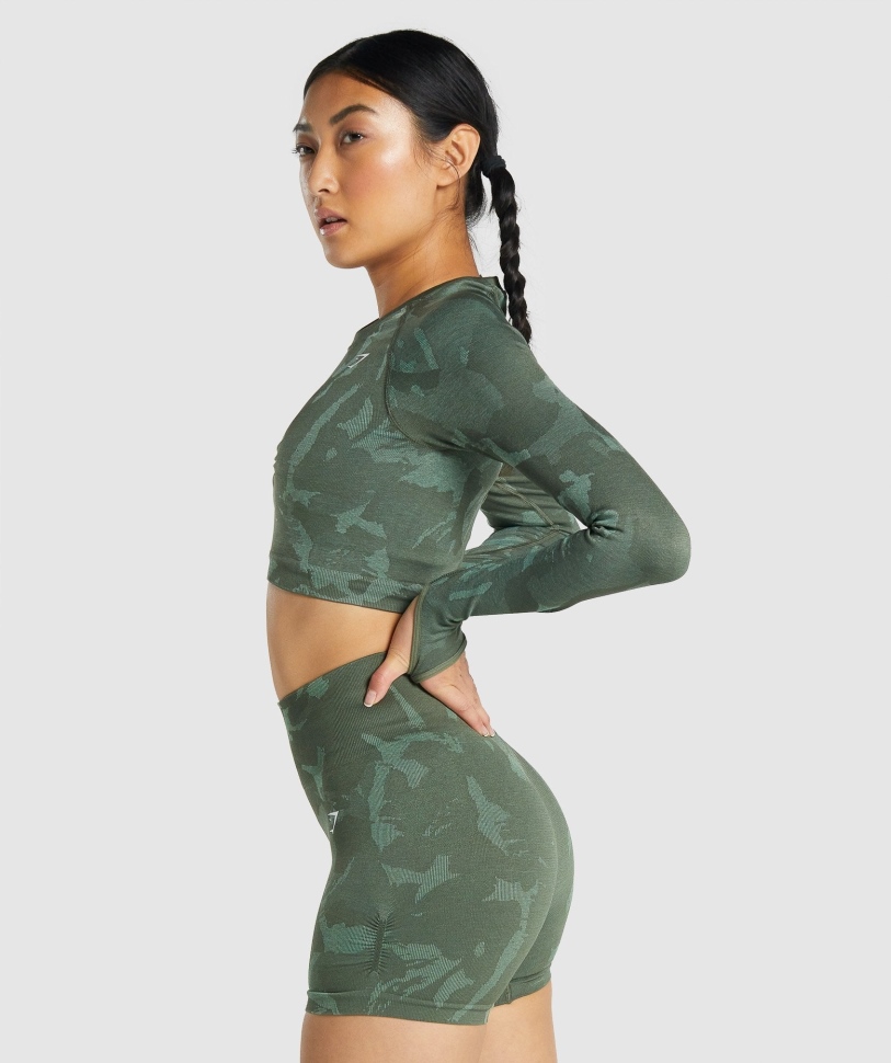 Gymshark προσαρμογή Camo απρόσκοπτη μακριά μανίκια Crop Top Savanna-green