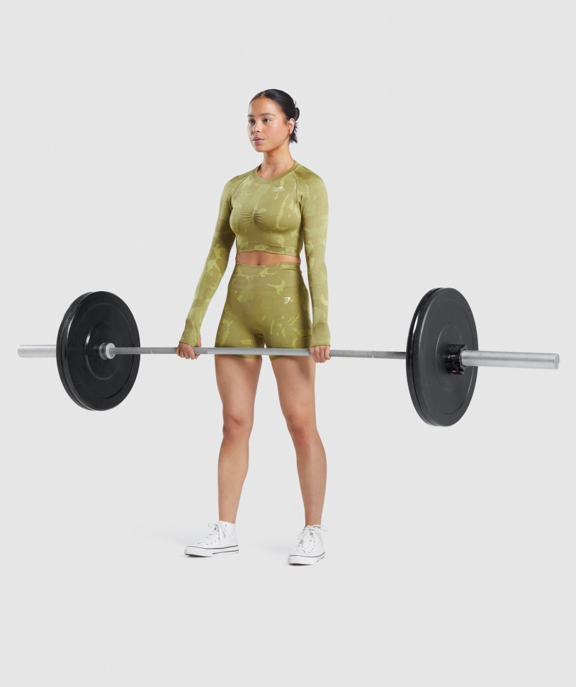 Gymshark προσαρμογή Camo απρόσκοπτη μακριά μανίκια Crop Top Savanna-griffin πράσινο