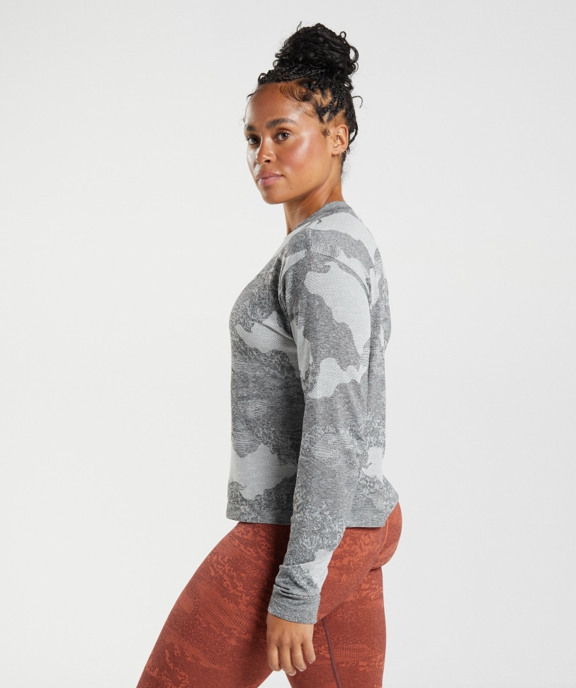 Gymshark προσαρμογή Camo απρόσκοπτη μακρύ μανίκι επάνω λάβα-ανοιχτό γκρι-μαύρο