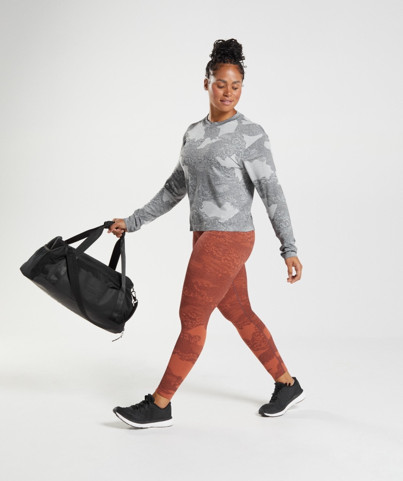 Gymshark προσαρμογή Camo απρόσκοπτη μακρύ μανίκι επάνω λάβα-ανοιχτό γκρι-μαύρο