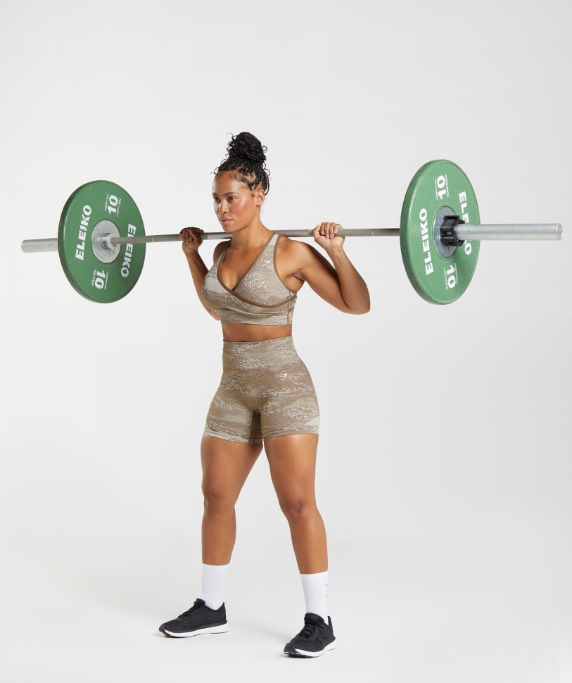 Gymshark προσαρμογή Camo χωρίς ραφή σορτς λάβα-βότσαλο γκρι-ψυχή καφέ