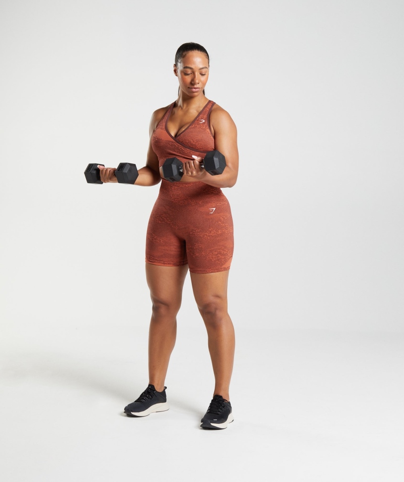 Gymshark προσαρμογή Camo χωρίς ραφή σορτς λάβα-καταιγίδα κόκκινο-καφέ καφέ