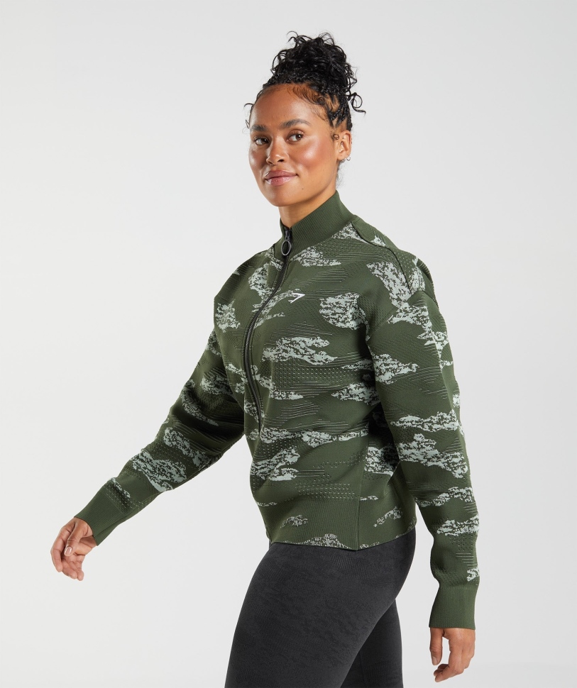 Gymshark Adapt Camo χωρίς ραφή σακάκι πίστας Lava-moss Olive-aloe Green
