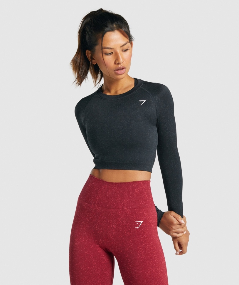 Gymshark προσαρμογή Fleck απρόσκοπτη μακριά μανίκια Crop Top ορυκτό-μαύρο
