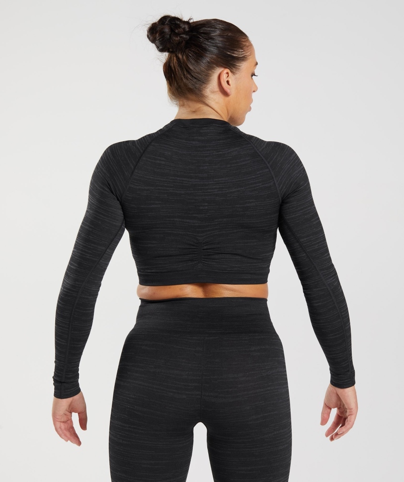 Gymshark Adapt Marl χωρίς ραφές μακρυμάνικο Crop Top Vlt-μαύρο-smokey γκρι