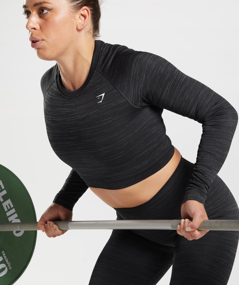 Gymshark Adapt Marl χωρίς ραφές μακρυμάνικο Crop Top Vlt-μαύρο-smokey γκρι