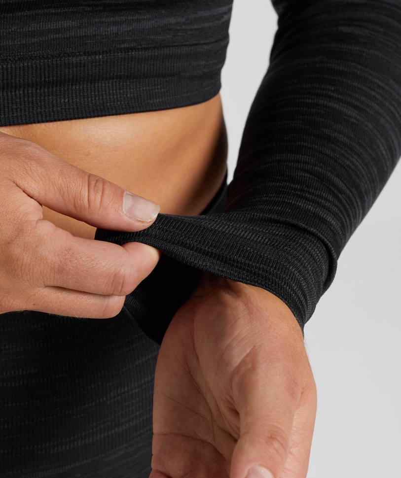 Gymshark Adapt Marl χωρίς ραφές μακρυμάνικο Crop Top Vlt-μαύρο-smokey γκρι