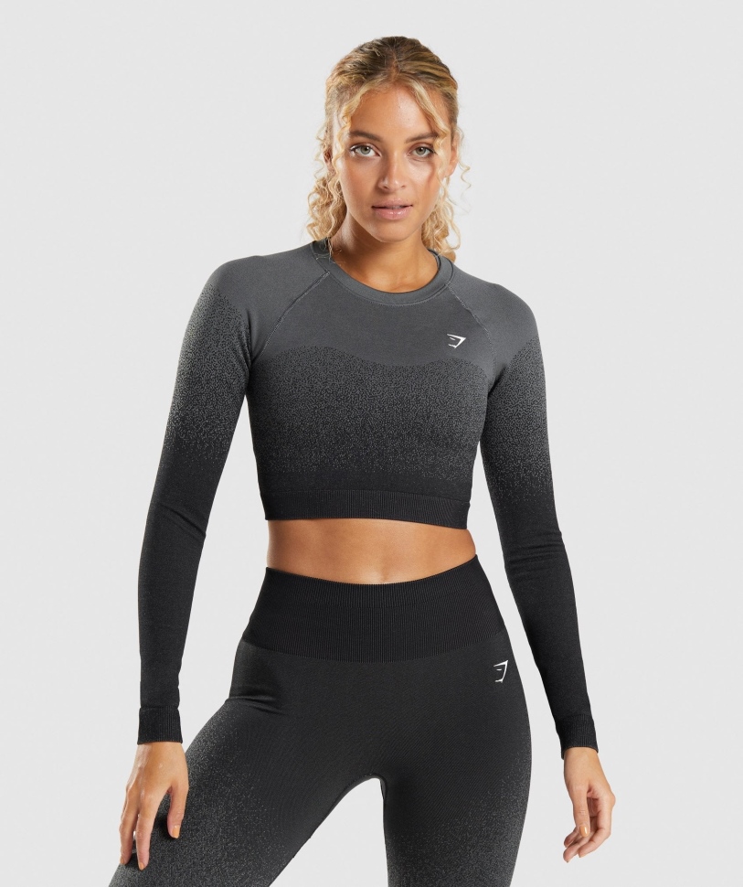 Gymshark προσαρμογή Ombre χωρίς ραφή μακρύ μανίκι Crop Top μαύρο-γκρι