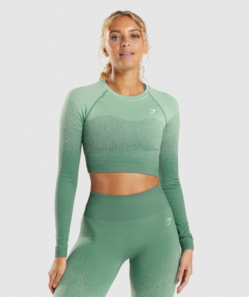 Gymshark προσαρμογή Ombre χωρίς ραφή μακρυμάνικο Crop Top πράσινο-ανοιχτό πράσινο