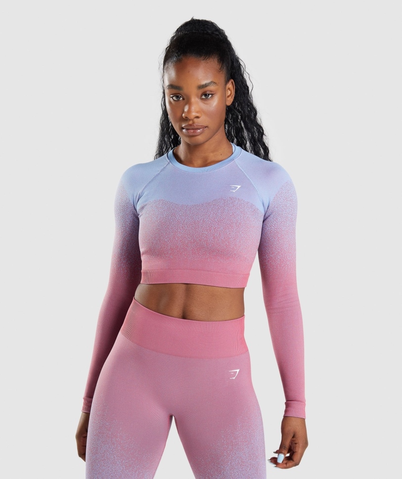Gymshark προσαρμογή Ombre χωρίς ραφή μακρυμάνικο Crop Top ροζ-γαλάζιο