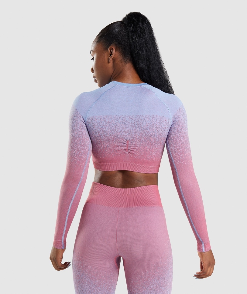 Gymshark προσαρμογή Ombre χωρίς ραφή μακρυμάνικο Crop Top ροζ-γαλάζιο