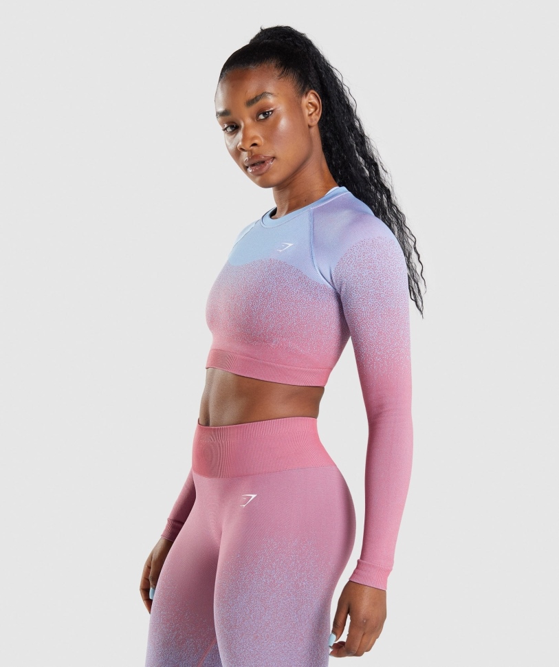 Gymshark προσαρμογή Ombre χωρίς ραφή μακρυμάνικο Crop Top ροζ-γαλάζιο