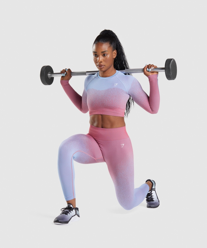 Gymshark προσαρμογή Ombre χωρίς ραφή μακρυμάνικο Crop Top ροζ-γαλάζιο