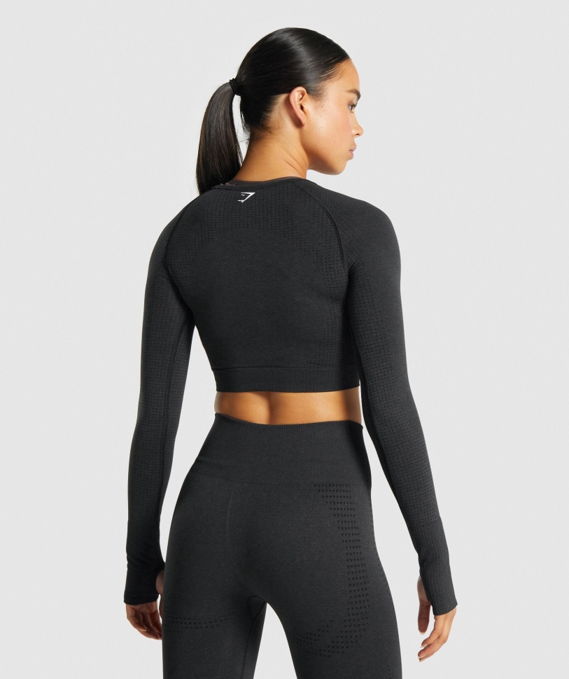 Gymshark Vital χωρίς ραφή 2.0 μακρύ μανίκι Crop Top Black Marl
