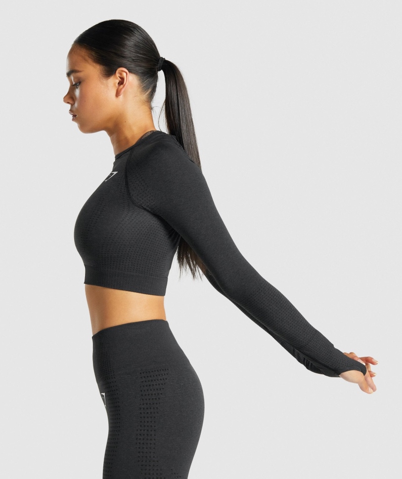 Gymshark Vital χωρίς ραφή 2.0 μακρύ μανίκι Crop Top Black Marl