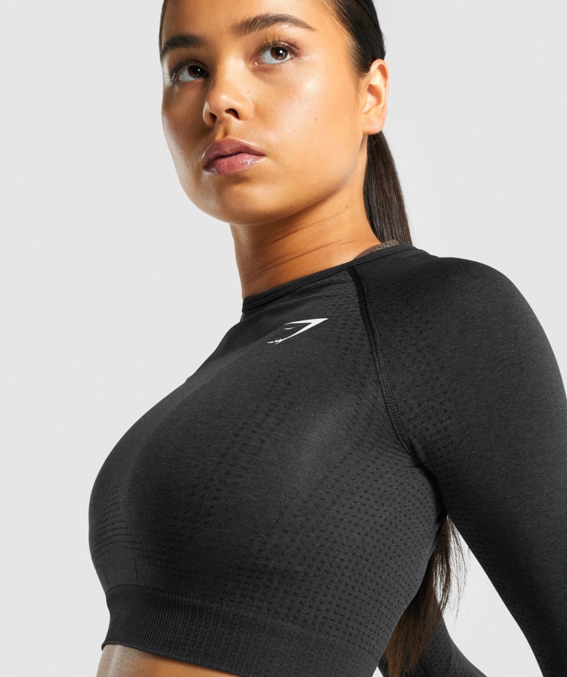 Gymshark Vital χωρίς ραφή 2.0 μακρύ μανίκι Crop Top Black Marl