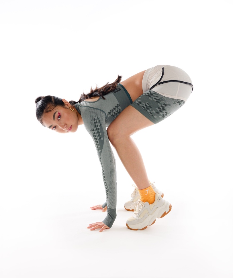 Gymshark Wtflex Cyborg χωρίς ραφές μακρυμάνικο Crop Top γκρι-μαύρο-ανοιχτό γκρι