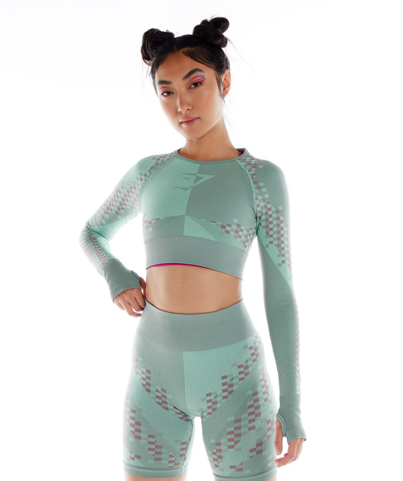 Gymshark Wtflex Cyborg χωρίς ραφή μακρυμάνικο Crop Top Maya Blue-ροζ-turbo Blue
