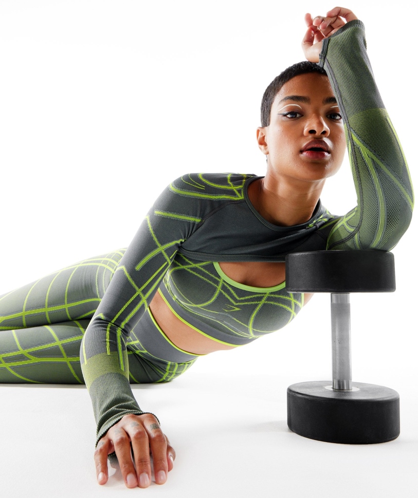 Gymshark Wtflex γραμμικό μακρυμάνικο χωρίς ραφές ανασηκώνοντας τους ώμους γκρι-fluo πράσινο-ανοιχτό γκρι